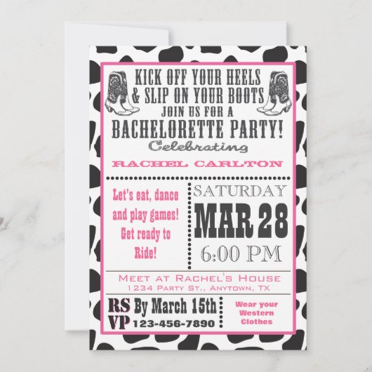 Roze Cow Print Cowgirl Bachelorette Party nodigt u Kaart (Voorkant)