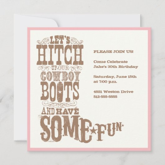 Roze Cowboy Boot Invitations Kaart (Voorkant)