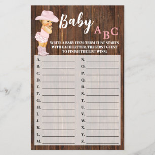 Roze Cowgirl Baby ABC Baby shower Game Kaart