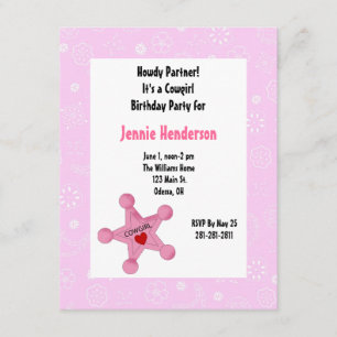 Roze Cowgirl Badge Birthday Uitnodiging
