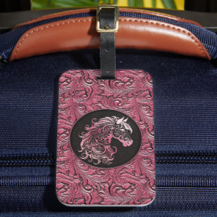 Roze cowgirl bloemengereedschap lederen paard hoof bagagelabel