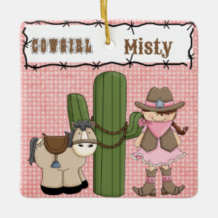  Roze Cowgirl (bruin haar) en Pony-2-zijdig Keramisch Ornament
