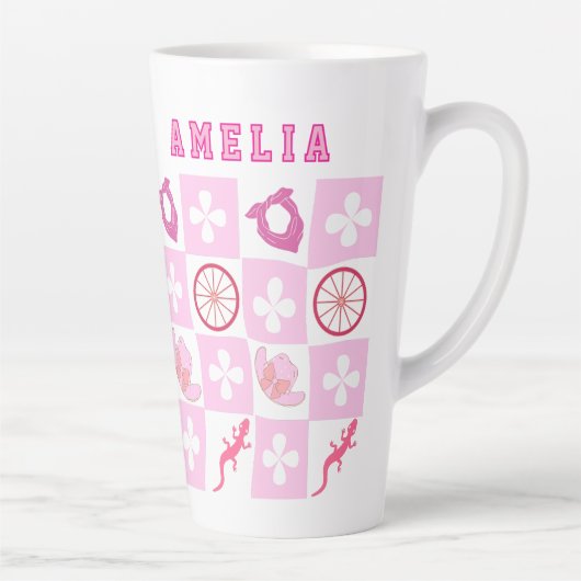 Roze Cowgirl Geruit met Bloem Latte Mok (Rechts)