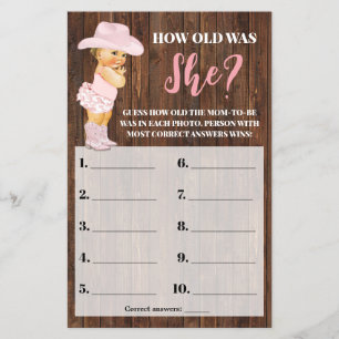 Roze Cowgirl Hoe oud was ze Baby shower Game Flyer