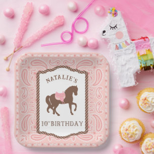 Roze Cowgirl   Horse Silhouette 10th Birthday Papieren Bordje