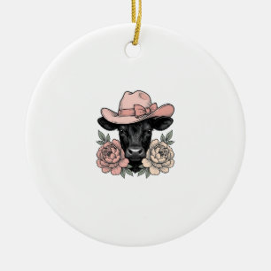 Roze Cowgirl Kalf met Pioenrozen Vintage Vector_1 Keramisch Ornament