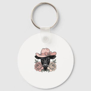 Roze Cowgirl Kalf met Pioenrozen Vintage Vector_1 Sleutelhanger
