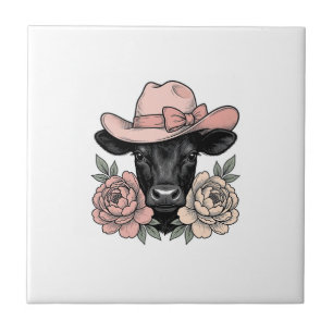 Roze Cowgirl Kalf met Pioenrozen Vintage Vector_1 Tegeltje