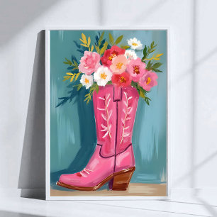 Roze Cowgirl Laars Bloem Boeket Waterverf Poster