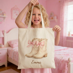 Roze Cowgirl Laarzen Meisjes Gepersonaliseerde Nam Tote Bag