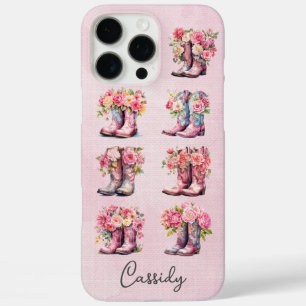 Roze Cowgirl Laarzen met Bloemen Gebrandmerkt iPhone 16 Pro Max Hoesje