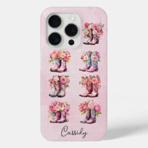 Roze Cowgirl Laarzen met Bloemen Monogram iPhone 15 Pro Case
