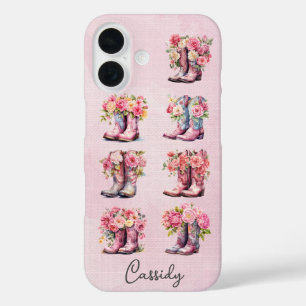 Roze Cowgirl Laarzen met Bloemen Monogram iPhone 16 Hoesje