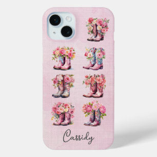 Roze Cowgirl Laarzen met Bloemen Monogram iPhone 15 Mini Hoesje