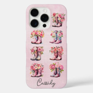 Roze Cowgirl Laarzen met Bloemen Monogram iPhone 16 Pro Hoesje