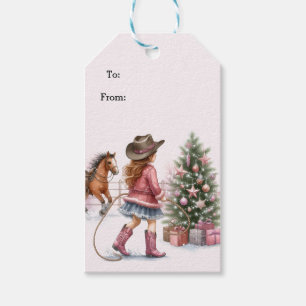 Roze Cowgirl Lassoing Kerstmis Cadeaulabel