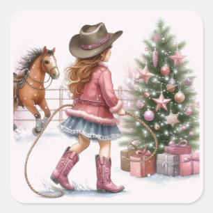 Roze Cowgirl Lassoing Kerstmis Vierkante Sticker