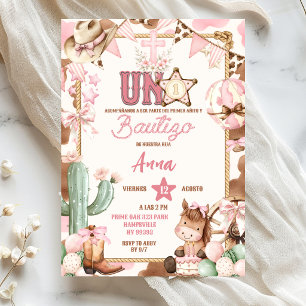 Roze Cowgirl Spaanse Uno Doop & Eerste Rodeo Kaart