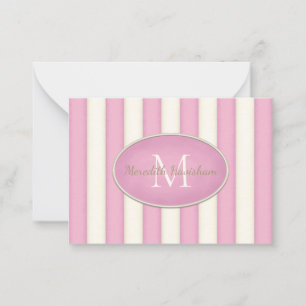 Roze & Cream Stripes Ovaal ingelijst Monogram Cust Notitiekaartje