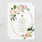 Roze Crème Bloem Ovaal Lijst Eerste Heilige Commun Kaart (Voorkant / Achterkant)