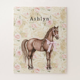 Roze Crème Bloemige Paard Legpuzzel