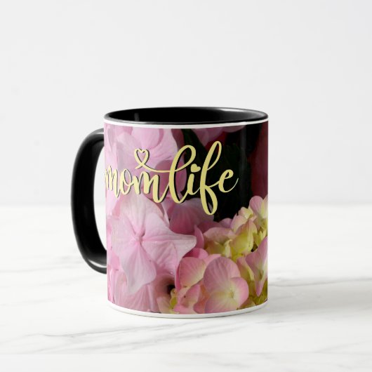 Roze Crème Hydrangeas geel roze bloemig #momlife Mok (Voorkant links)