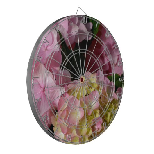 Roze Crème Hydrangeas geel roze groen bloemig Dartbord (Voorkant Links)