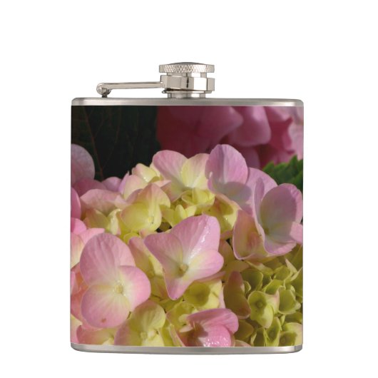 Roze Crème Hydrangeas geel roze groen bloemig Heupfles (Voorkant)