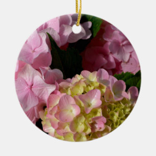 Roze Crème Hydrangeas geel roze groen bloemig Keramisch Ornament