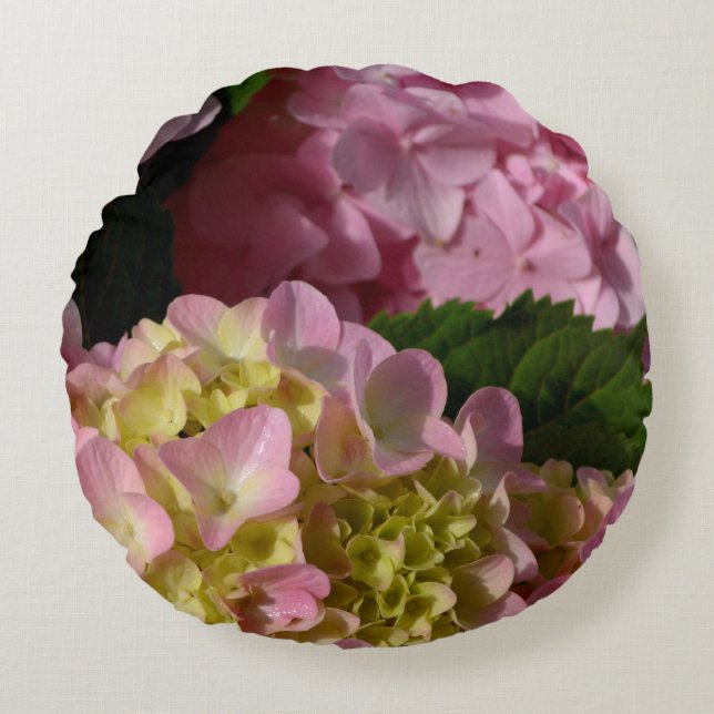 Roze Crème Hydrangeas geel roze groen bloemig Rond Kussen (Voorkant)
