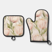 Roze Crème Kleurige Tulp Bloemrijke Bruiloft Showe Ovenwant & Pannenlap Set (Voorkant)