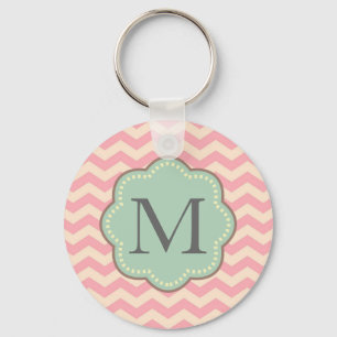 Roze Crème Mint Chevron Stripes Monogram Sleutelhanger