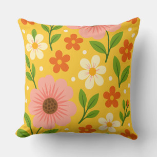 Roze, crème & oranje bloemen met groene bladeren kussen