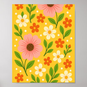 Roze, crème & oranje bloemen met groene bladeren poster