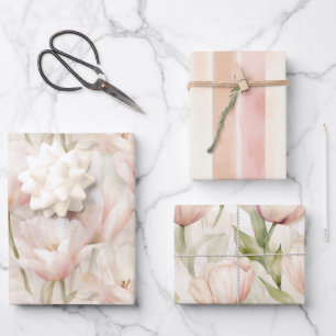 Roze Crème Pruimkleurige Tulp Bloemisterij Bruids  Inpakpapier Vel