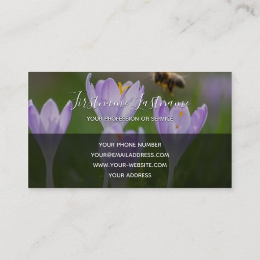 Roze crocus blossom bee grijze rechthoek monogram visitekaartje (Achterkant)