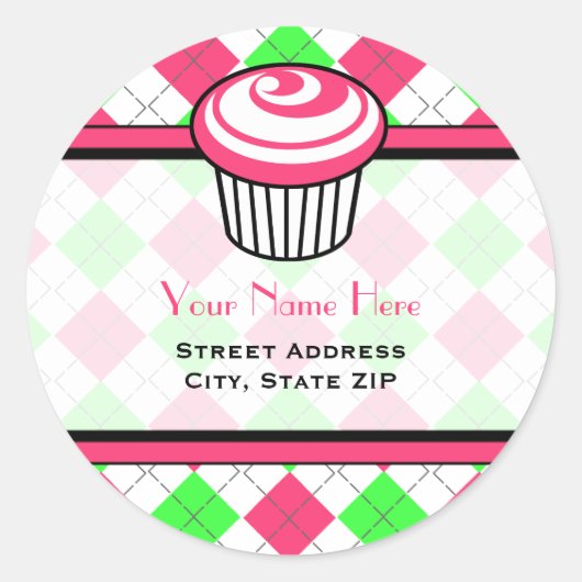 Roze Cupcake Adreslabel - Roze & Groene Argyle Ronde Sticker (Voorkant)