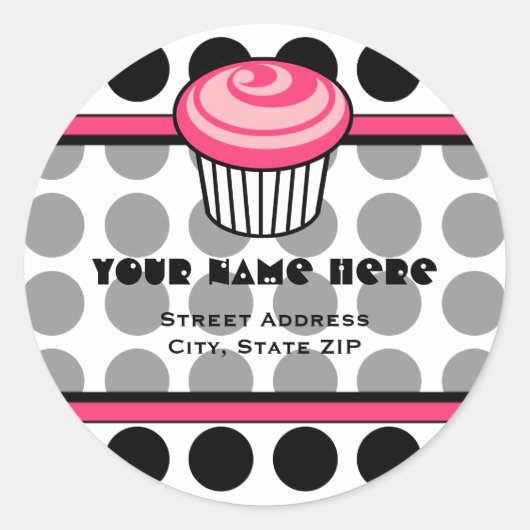 Roze cupcake adreslabel - zwarte stip ronde sticker (Voorkant)