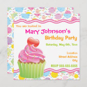 Roze Cupcake Birthday Party Invitation Kaart (Voorkant / Achterkant)