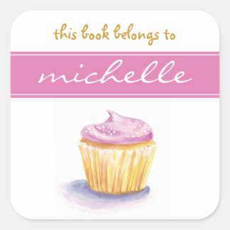 Roze cupcake bookplate vierkante sticker