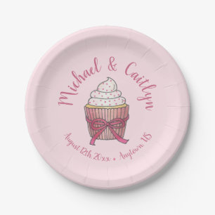 Roze Cupcake Bow Sprinkles Weddenschap Vrijgezelle Papieren Bordje