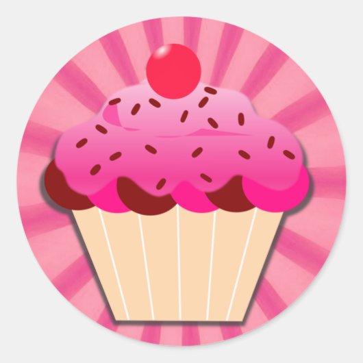 Roze cupcake en spruitjes ronde sticker (Voorkant)