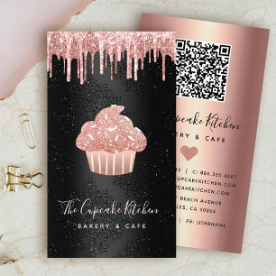 Roze Cupcake Glitter Druppels QR Code Bakkerij op Visitekaartje