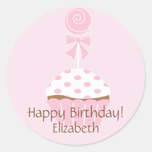 Roze Cupcake Lollipop Happy Birthday Sticker (Voorkant)