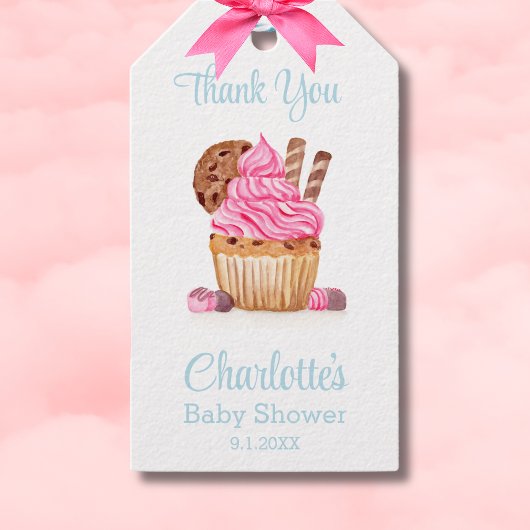 Roze cupcake met chocolade Baby shower Bedankt Cadeaulabel