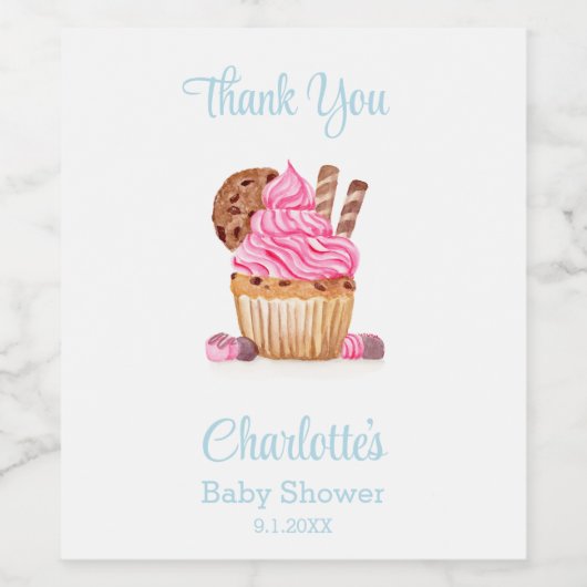 Roze cupcake met chocolade Baby shower Bedankt Wijn Etiket (Enkel label)