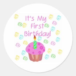 Roze cupcake met kaars Eerste Verjaardag Ronde Sticker