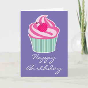 Roze Cupcake met Polka Dot Cherry Happy Birthday Kaart