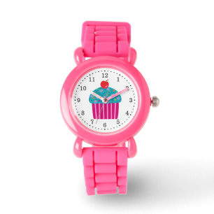 Roze Cupcake met Turquoise Frosting Red Cherry Horloge