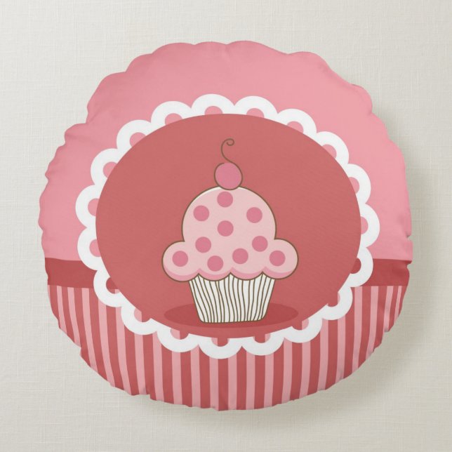 Roze cupcake-ontwerp rond kussen (Voorkant)